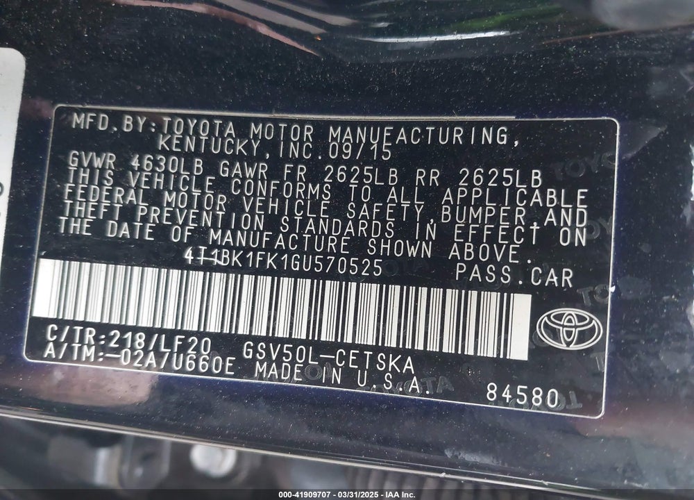 2016 TOYOTA CAMRY VIN: 4T1BK1FK1GU570525
