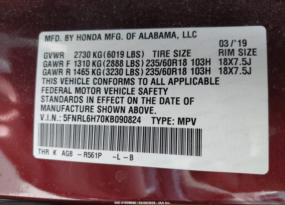 2019 HONDA ODYSSEY EX-L VIN: 5FNRL6H70KB090824