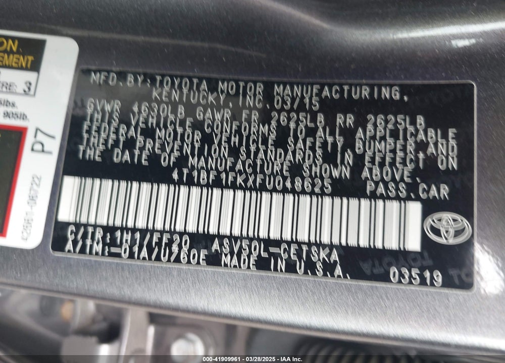 2015 TOYOTA CAMRY SE VIN: 4T1BF1FKXFU048625