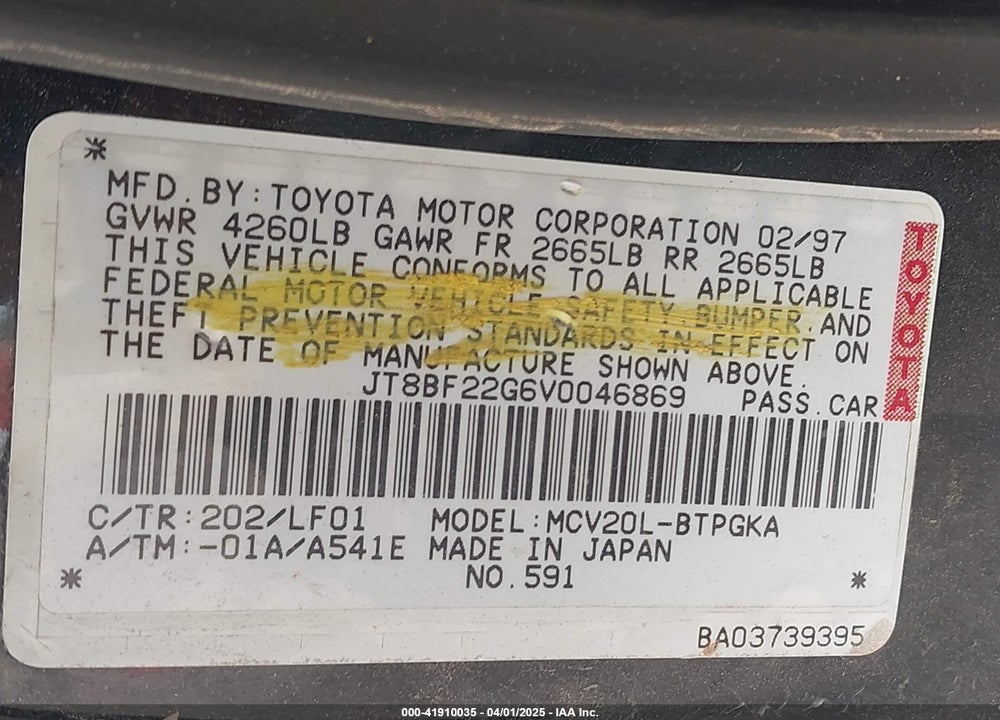 1997 LEXUS ES 300 VIN: JT8BF22G6V0046869