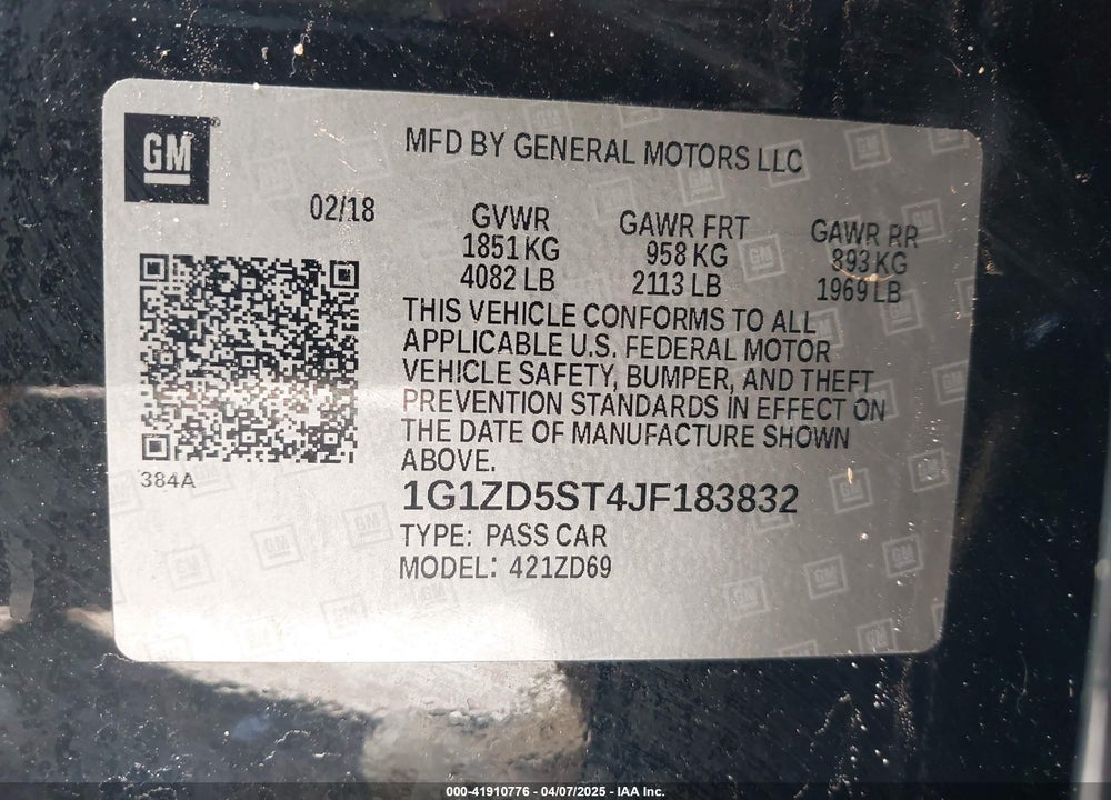 2018 CHEVROLET MALIBU VIN: 1G1ZD5ST4JF183832
