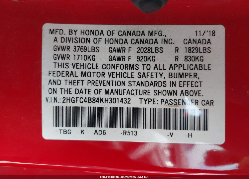 2019 HONDA CIVIC VIN: 2HGFC4B84KH301432