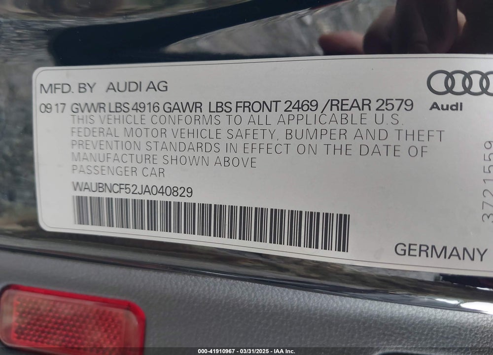 2018 AUDI A5 VIN: WAUBNCF52JA040829