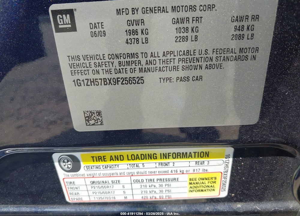 2009 CHEVROLET MALIBU VIN: 1G1ZH57BX9F256525