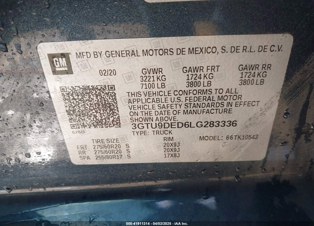 2020 GMC SIERRA 1500 VIN: 3GTU9DED6LG283336