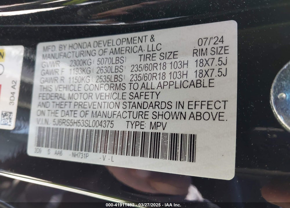 2025 HONDA CR-V HYBRID SPORT VIN: 5J6RS5H53SL004375