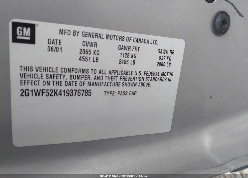 2001 CHEVROLET IMPALA VIN: 2G1WF52K419376785