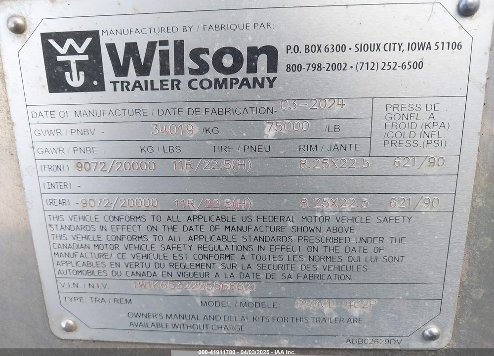 2025 WILSON TRAILER CO LIVESTOCK TRAILER VIN: 1W1K65322S5568621