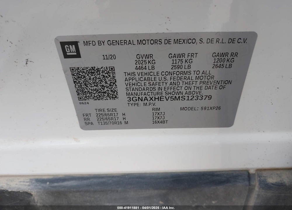 2021 CHEVROLET EQUINOX FWD LS VIN: 3GNAXHEV5MS123379