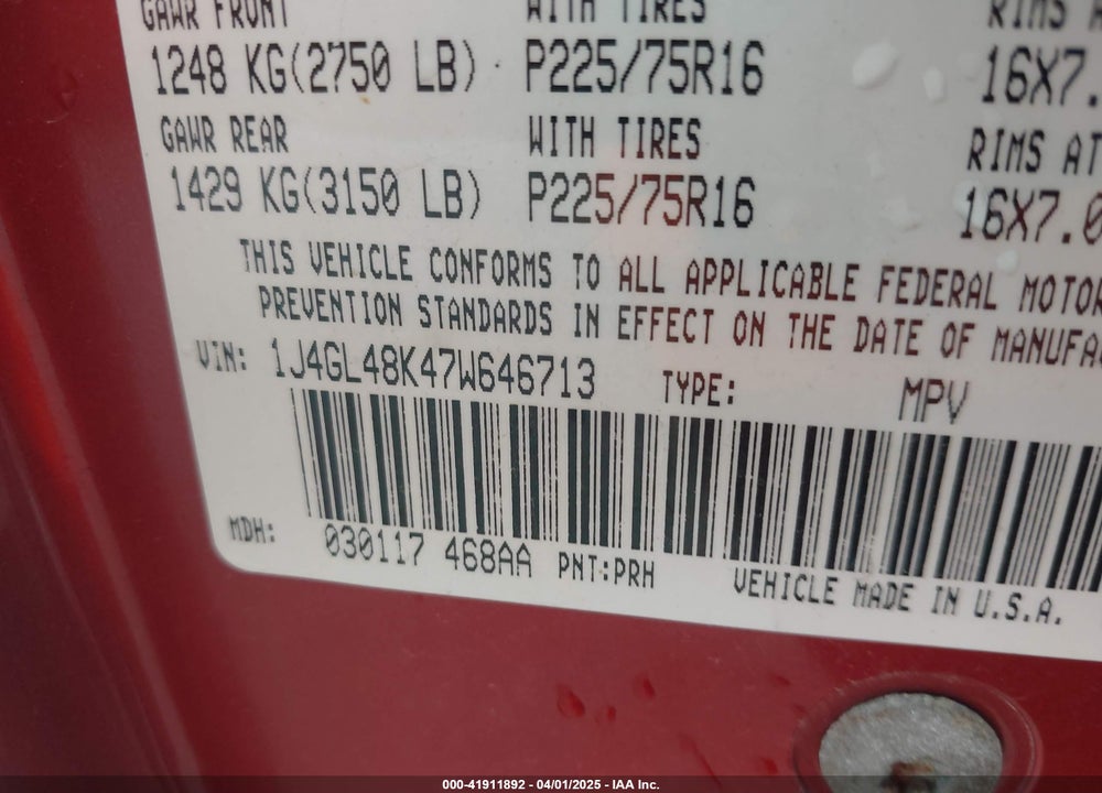 2007 JEEP LIBERTY SPORT VIN: 1J4GL48K47W646713
