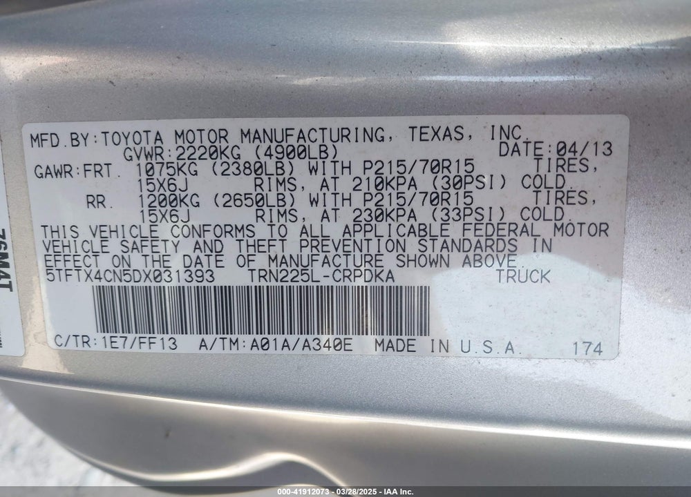 2013 TOYOTA TACOMA VIN: 5TFTX4CN5DX031393