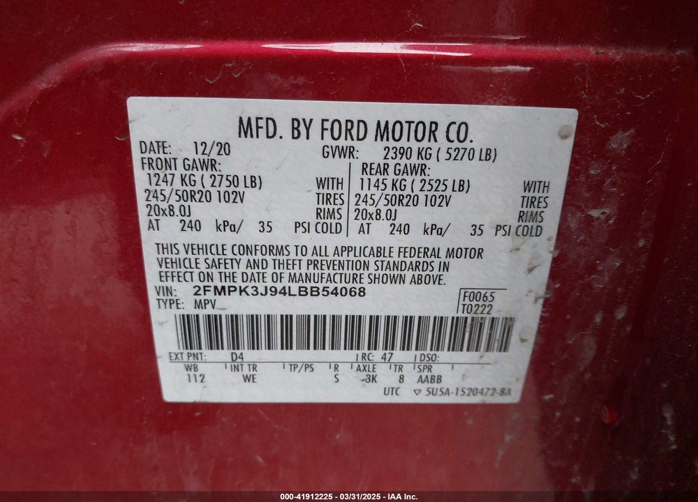 2020 FORD EDGE ST-LINE VIN: 2FMPK3J94LBB54068