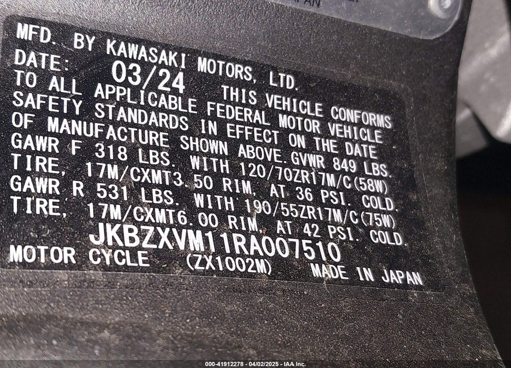 2024 KAWASAKI ZX1002 M VIN: JKBZXVM11RA007510