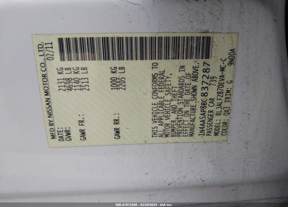 2011 NISSAN MAXIMA VIN: 1N4AA5AP8BC837287