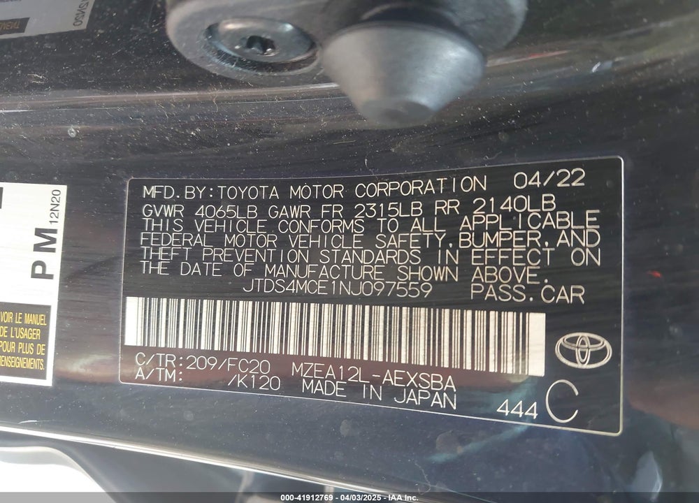 2022 TOYOTA COROLLA SE VIN: JTDS4MCE1NJ097559