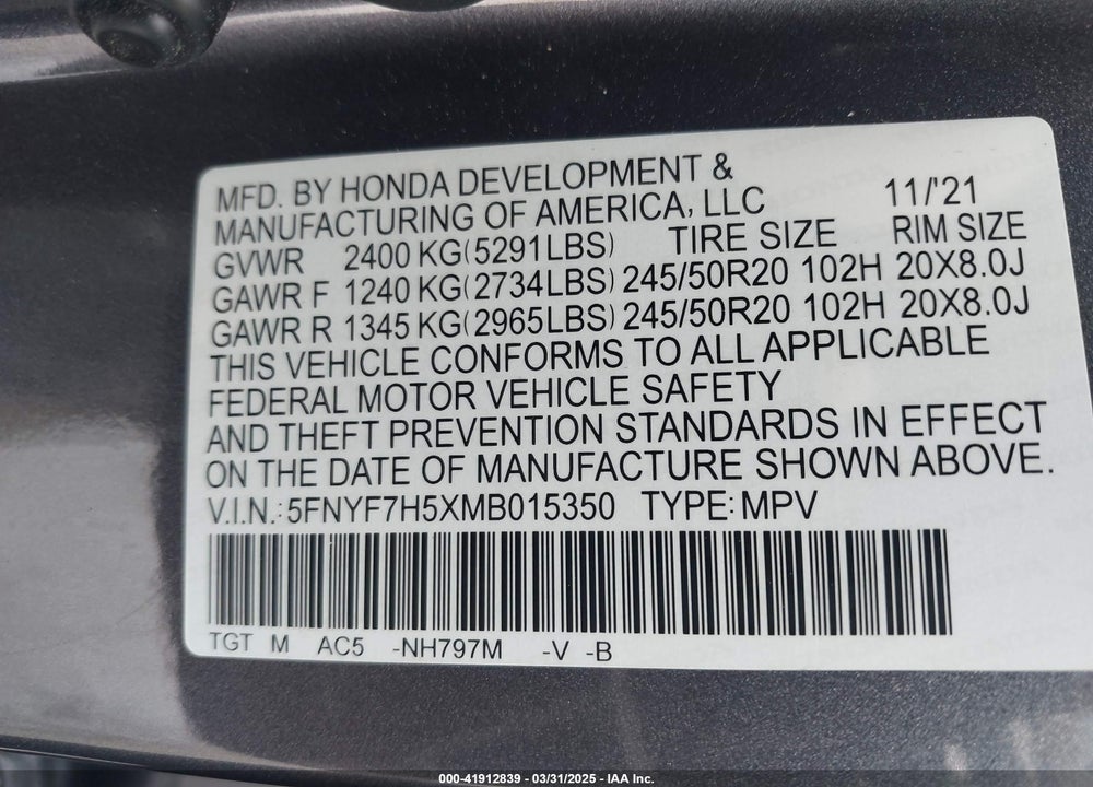 2021 HONDA PASSPORT VIN: 5FNYF7H5XMB015350