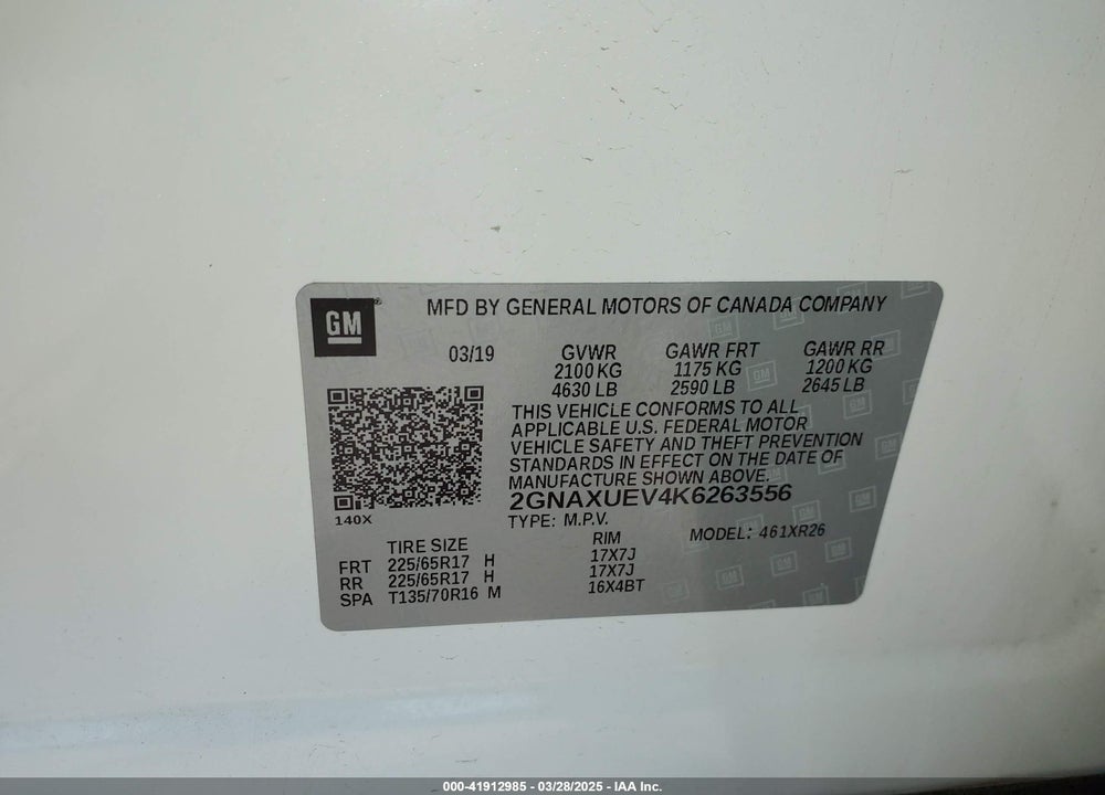 2019 CHEVROLET EQUINOX LT VIN: 2GNAXUEV4K6263556
