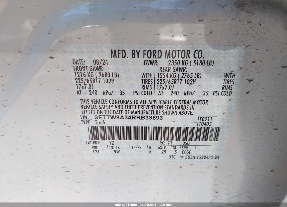 2024 FORD MAVERICK VIN: 3FTTW8A34RRB33893