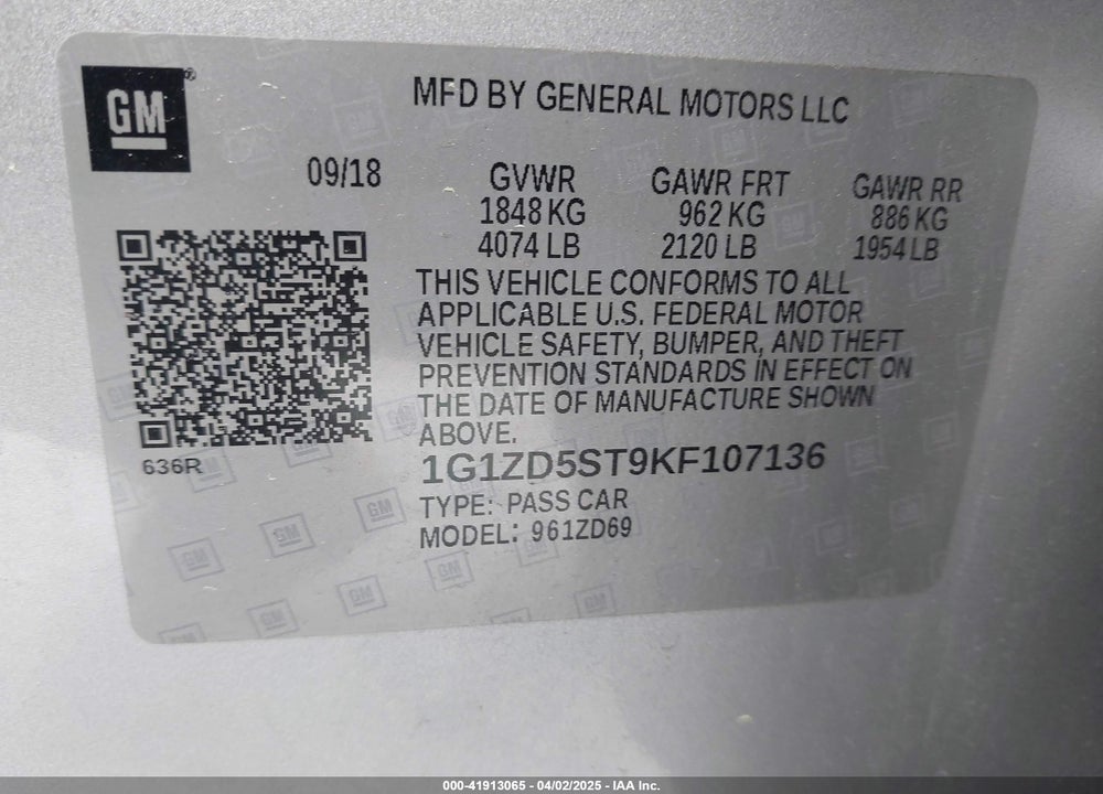 2019 CHEVROLET MALIBU LT VIN: 1G1ZD5ST9KF107136