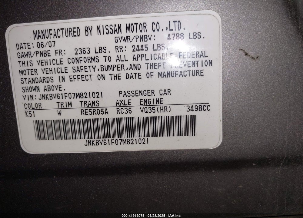2007 INFINITI G35X VIN: JNKBV61F07M821021