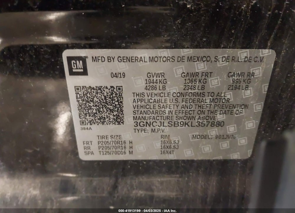 2019 CHEVROLET TRAX VIN: 3GNCJLSB9KL357880