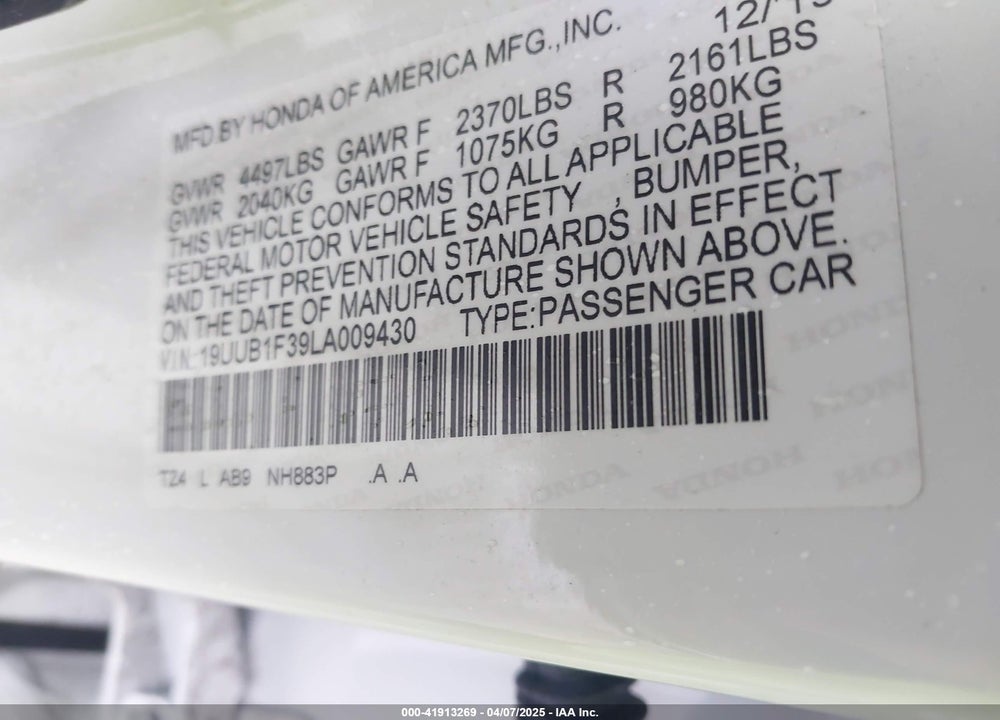 2020 ACURA TLX VIN: 19UUB1F39LA009430