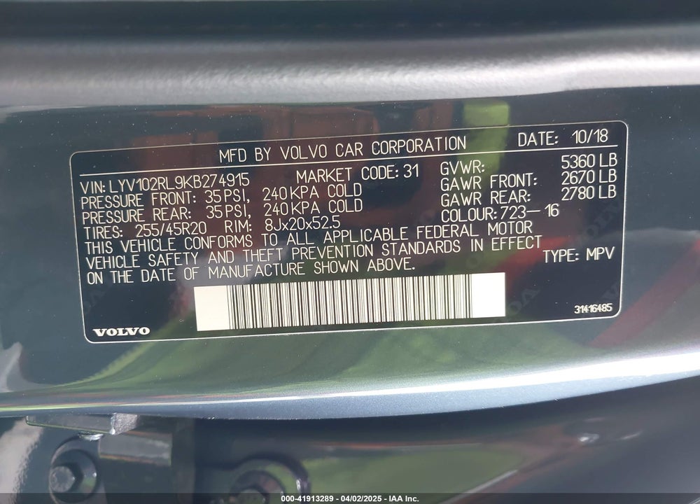 2019 VOLVO XC60 VIN: LYV102RL9KB274915