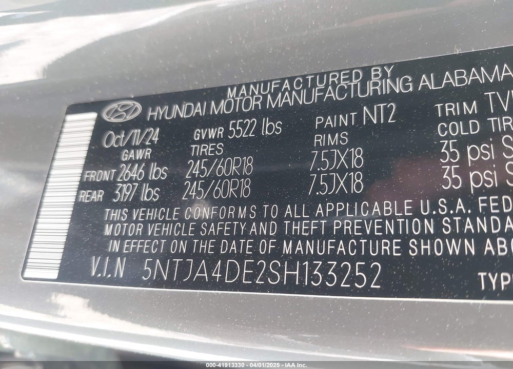 2025 HYUNDAI SANTA CRUZ VIN: 5NTJA4DE2SH133252