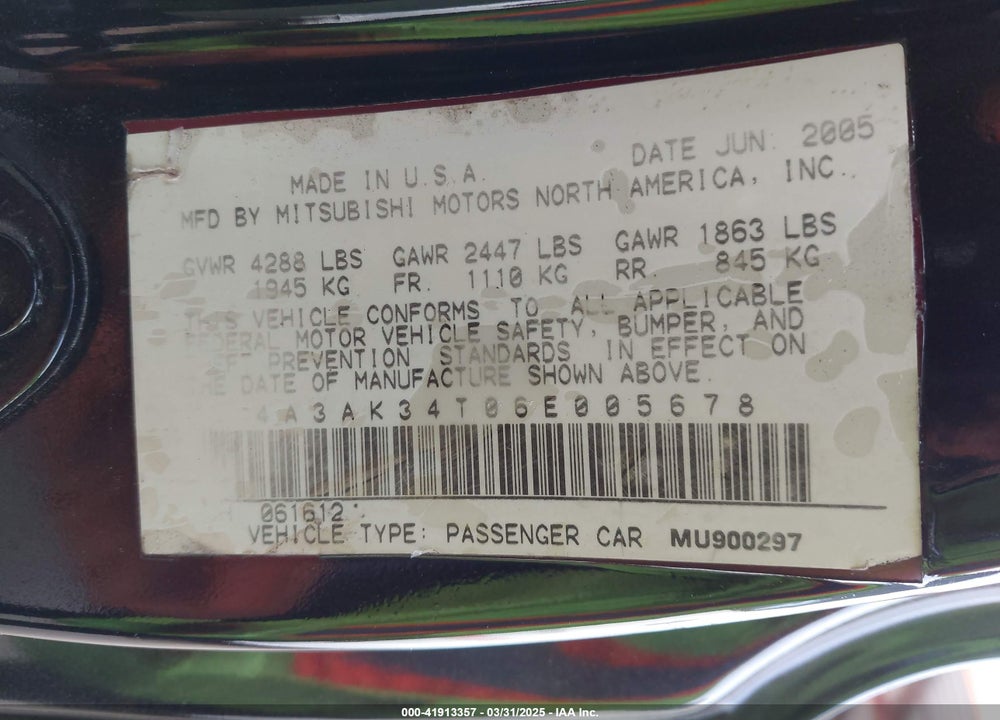 2006 MITSUBISHI ECLIPSE VIN: 4A3AK34T06E005678
