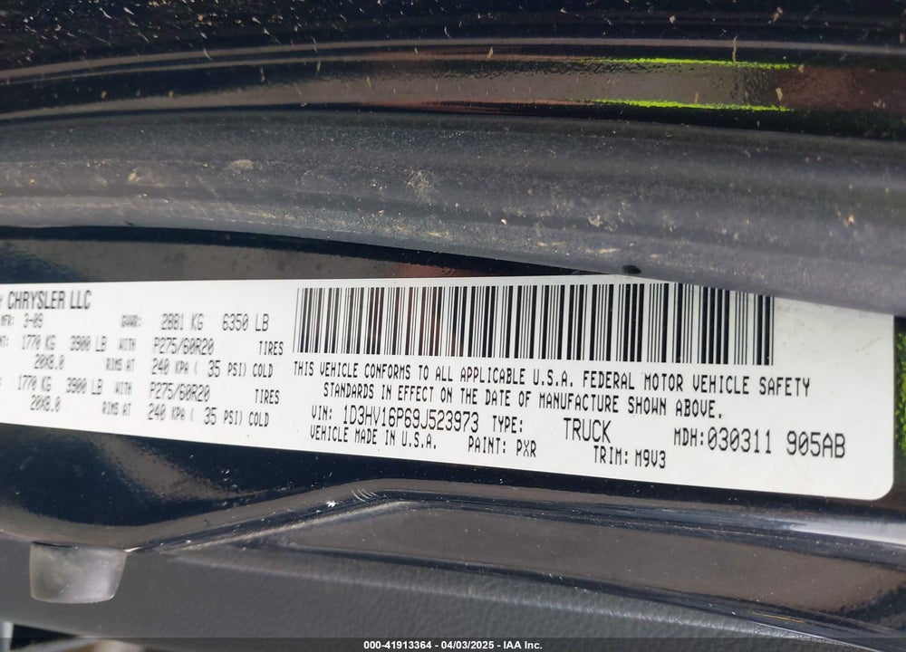 2009 DODGE RAM 1500 VIN: 1D3HV16P69J523973