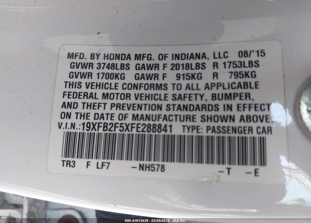2015 HONDA CIVIC VIN: 19XFB2F5XFE288841