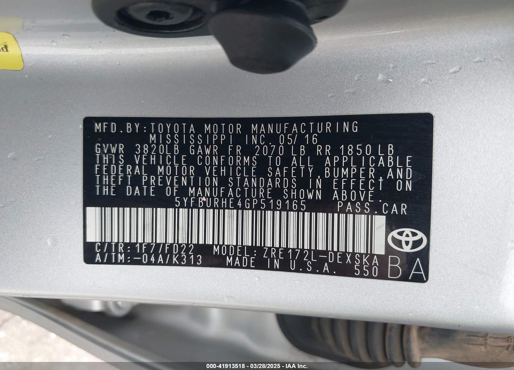 2016 TOYOTA COROLLA VIN: 5YFBURHE4GP519165