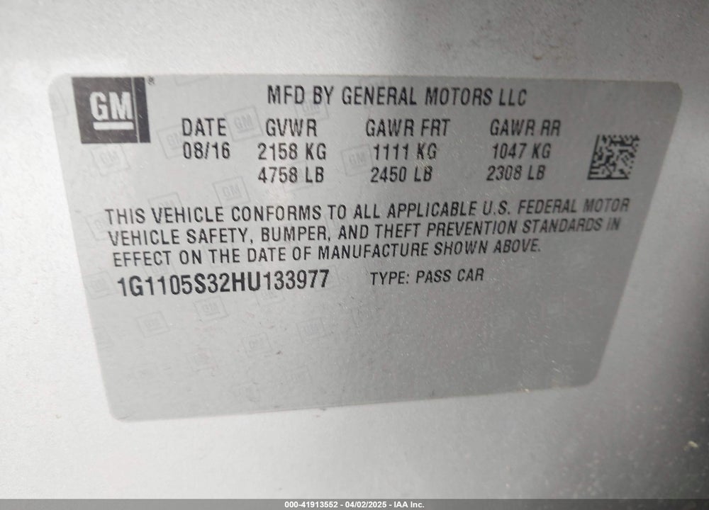2017 CHEVROLET IMPALA 1LT VIN: 1G1105S32HU133977