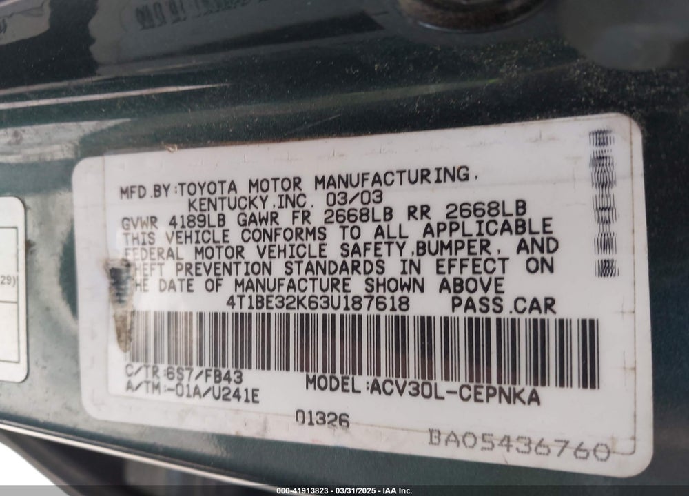 2003 TOYOTA CAMRY LE/XLE/SE VIN: 4T1BE32K63U187618