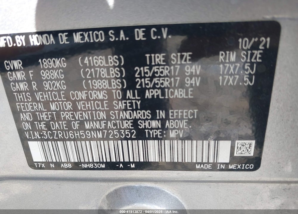 2022 HONDA HR-V VIN: 3CZRU6H59NM725352