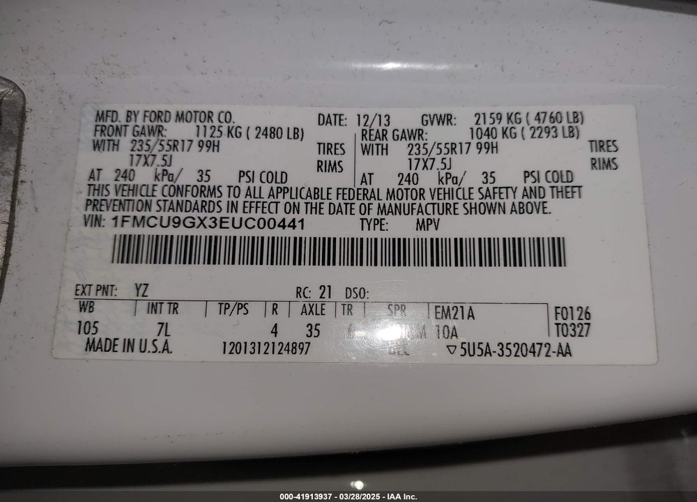 2014 FORD ESCAPE SE VIN: 1FMCU9GX3EUC00441