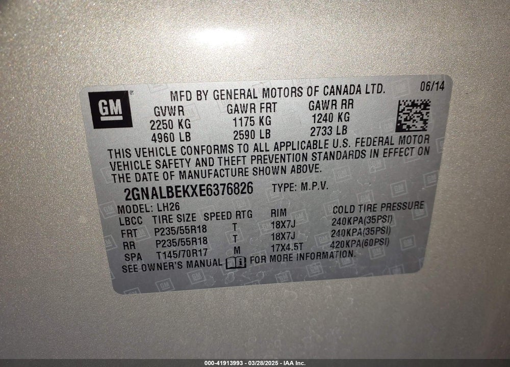 2014 CHEVROLET EQUINOX VIN: 2GNALBEKXE6376826