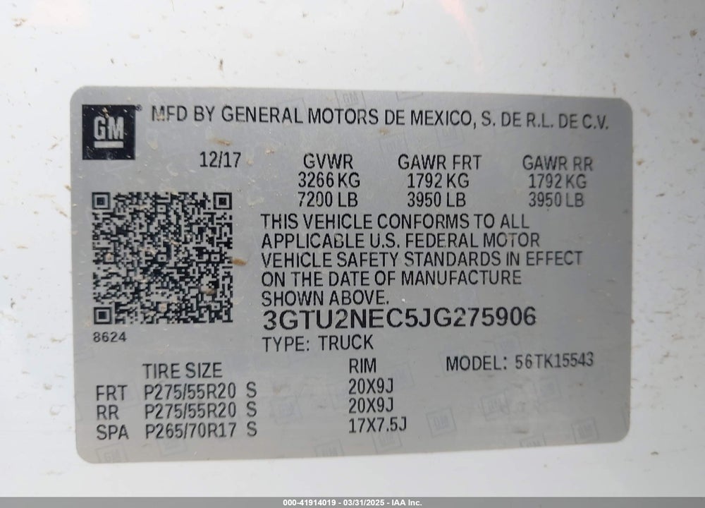 2018 GMC SIERRA 1500 VIN: 3GTU2NEC5JG275906