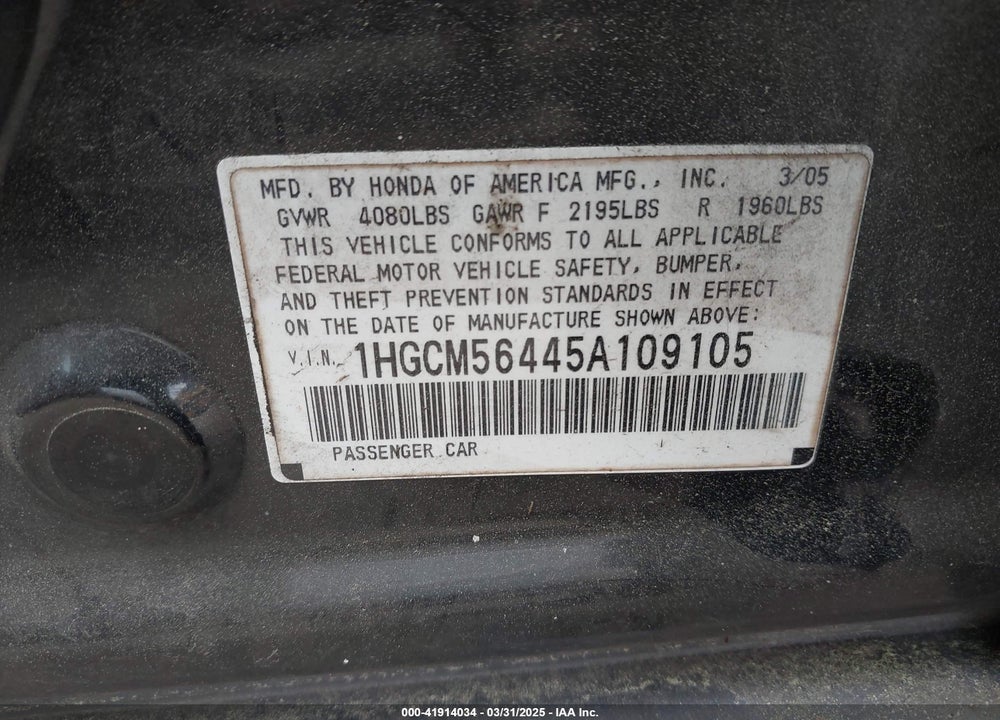 2005 HONDA ACCORD 2.4 LX VIN: 1HGCM56445A109105