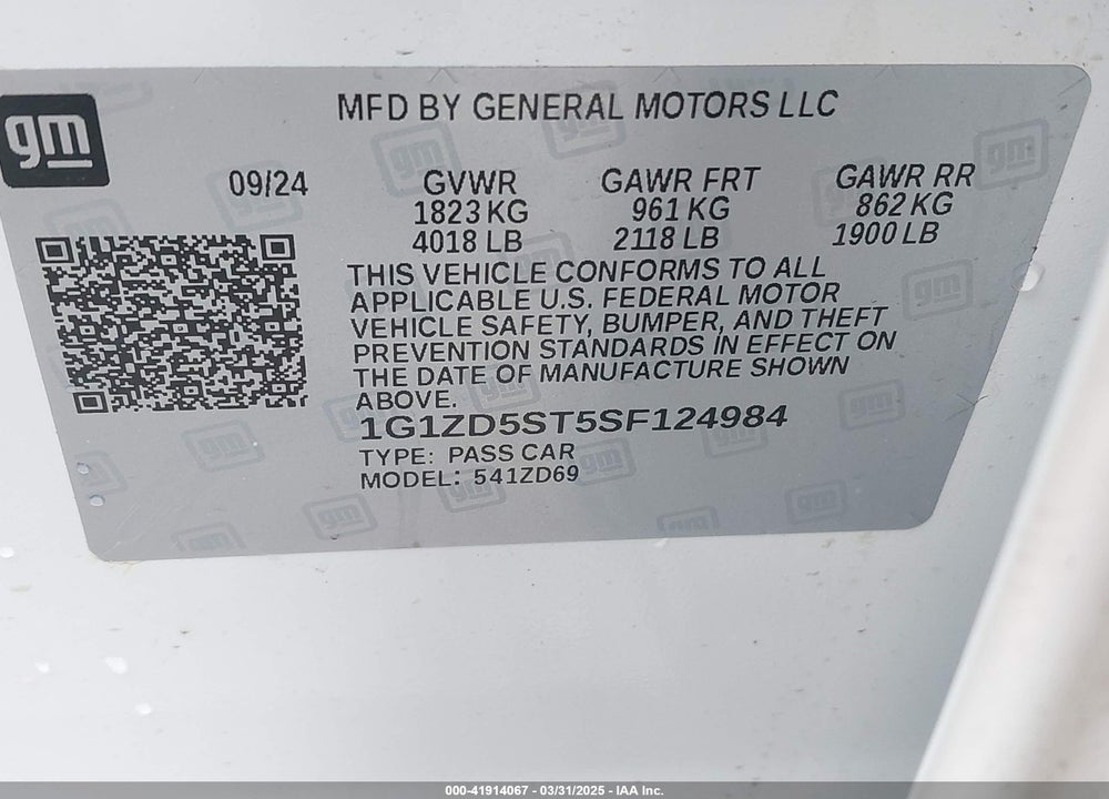 2025 CHEVROLET MALIBU FWD 1LT VIN: 1G1ZD5ST5SF124984