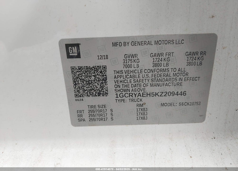 2019 CHEVROLET SILVERADO 1500 VIN: 1GCRYAEH5KZ209446