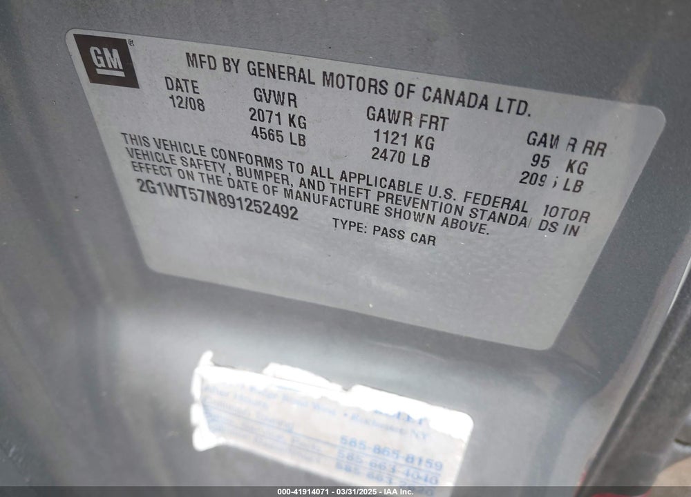 2009 CHEVROLET IMPALA VIN: 2G1WT57N891252492