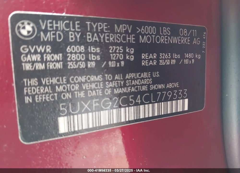 2012 BMW X6 XDRIVE35I VIN: 5UXFG2C54CL779333