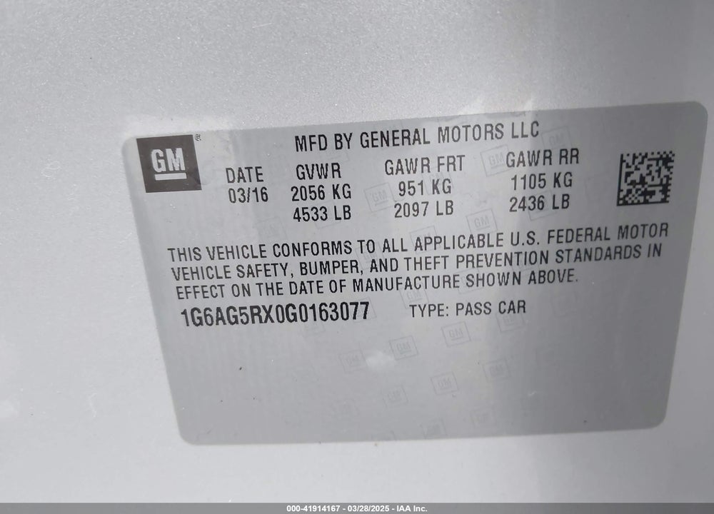 2016 CADILLAC ATS STANDARD VIN: 1G6AG5RX0G0163077