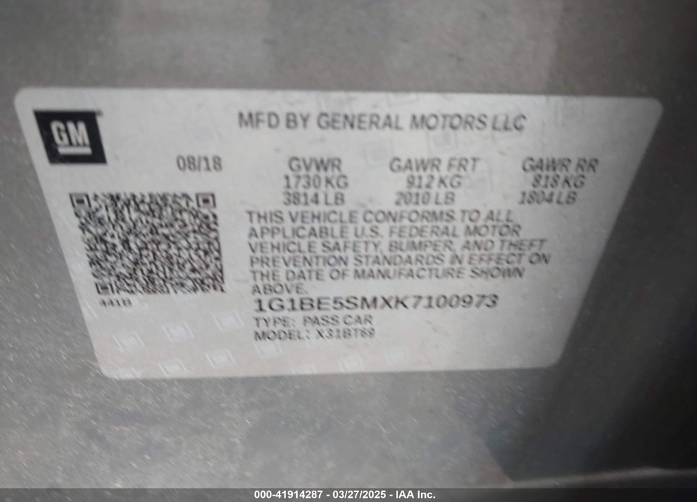 2019 CHEVROLET CRUZE VIN: 1G1BE5SMXK7100973