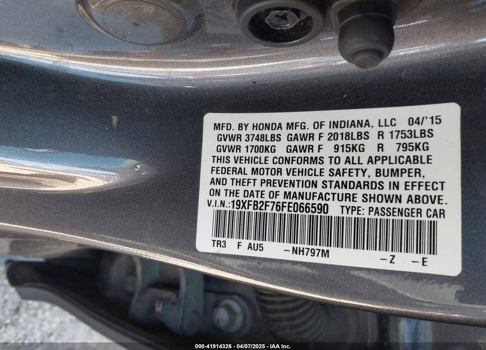 2015 HONDA CIVIC SE VIN: 19XFB2F76FE066590