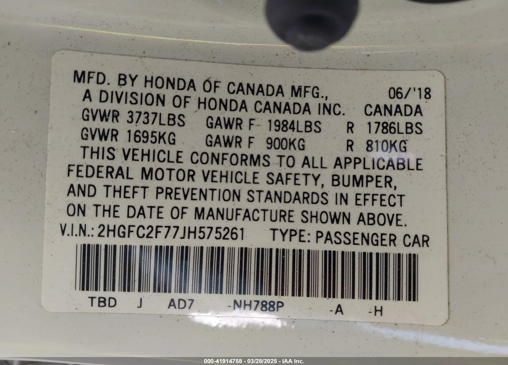 2018 HONDA CIVIC VIN: 2HGFC2F77JH575261