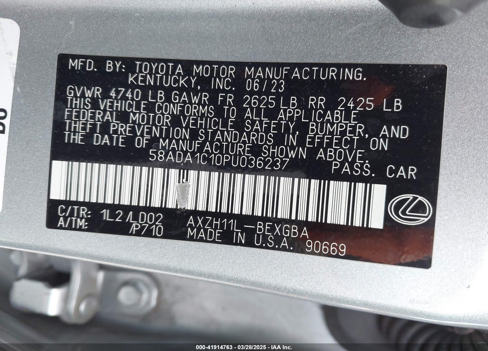 2023 LEXUS ES 300H VIN: 58ADA1C10PU036237