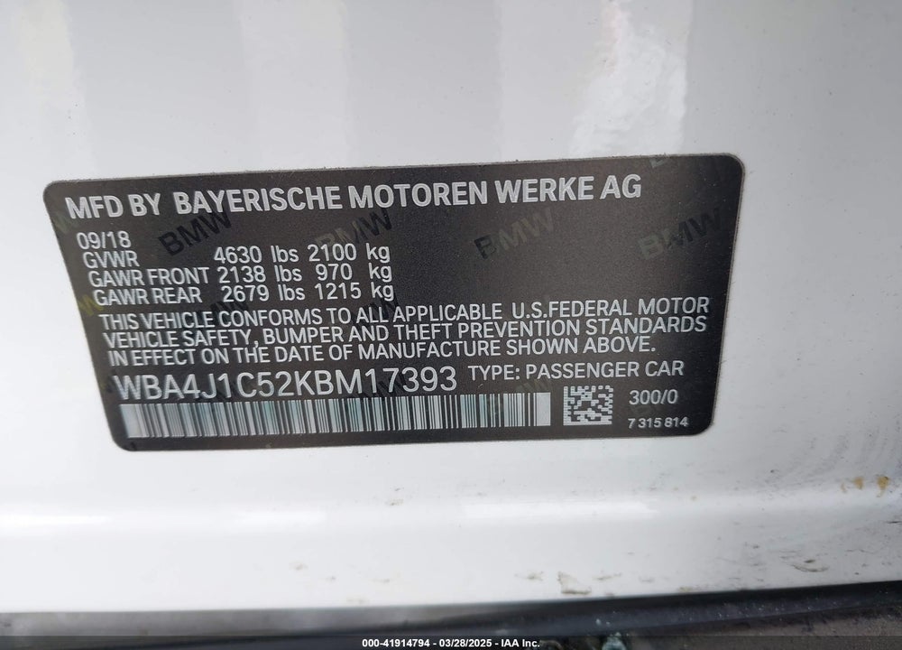 2019 BMW 4 SERIES VIN: WBA4J1C52KBM17393