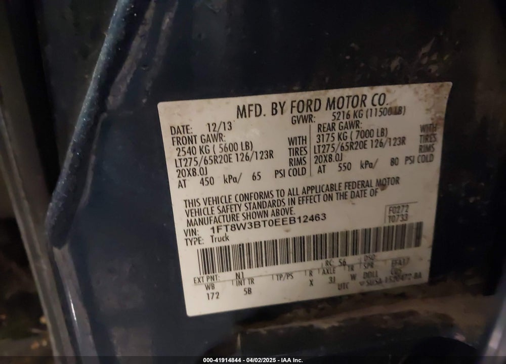 2014 FORD F-350 LARIAT VIN: 1FT8W3BT0EEB12463